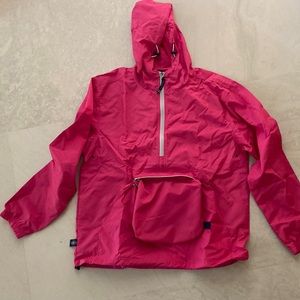 Raspberry pink rain hoodie. Nylon. zippered pouch